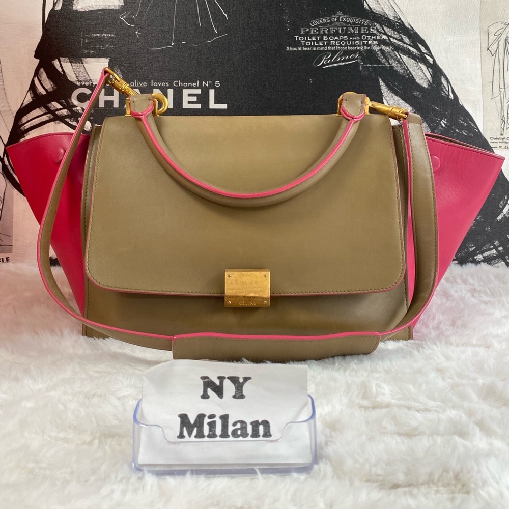 Celine Trapeze Tan and Pink Leather Satchel